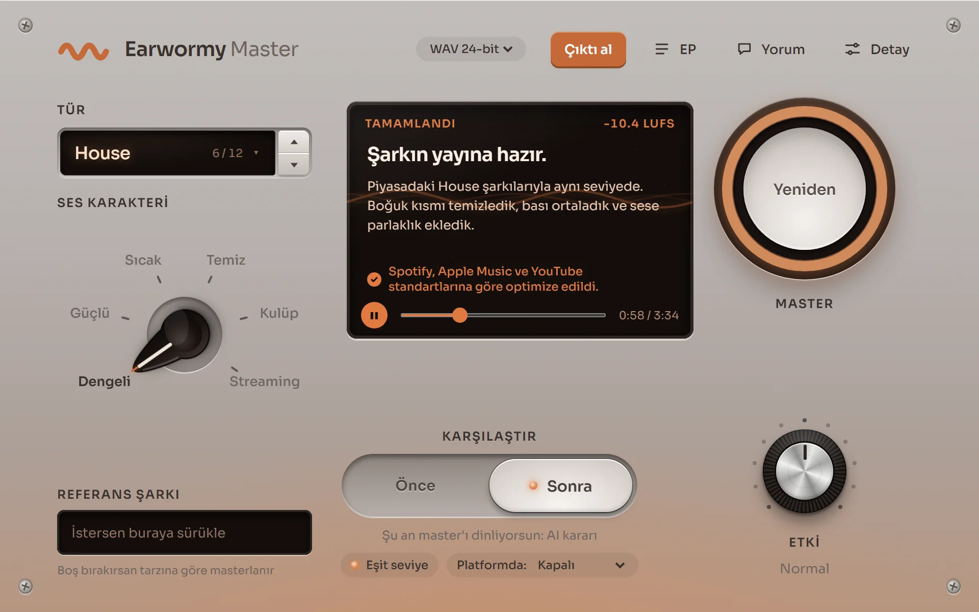 Earwormy's master result screen: your track is release-ready